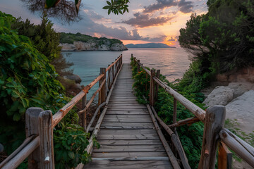 Fototapeta premium Zakynthos, Cameo Island, wooden bridge, picturesque setting, lush greenery, romantic getaway, idyllic coastal scene
