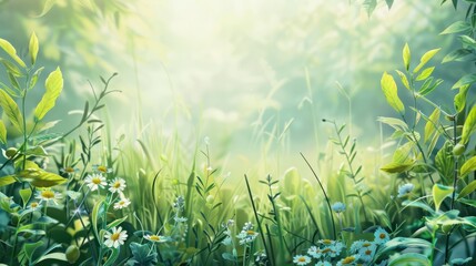 Green nature banner background with wild herbs, flowers and grasses in sunny summer forest, outdoor