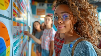 A young woman with glasses smiles at the camera while standing in front of a colorful chart. Her friends are blurred in the background.