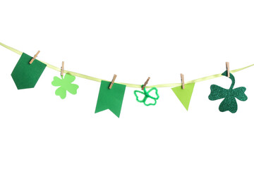 Paper garland with clover for St. Patrick's Day celebration on white background