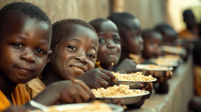 Happy poor african school children eating together. Problems of hunger and lack of food in African countries. Generative ai