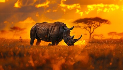 Fototapeta premium A rhino grazing in the grass at sunset.