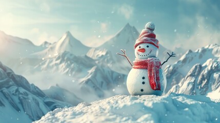 Obraz premium Joyful snowman on peaks