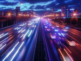 Fototapeta premium Nighttime highway traffic with many cars driving, ideal for use in travel or transportation-related projects