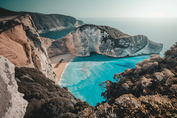 Zakynthos Navagio, shipwreck beach, crystal-clear turquoise waters, dramatic limestone cliffs, secluded cove, midday lighting, stunning coastal scenery