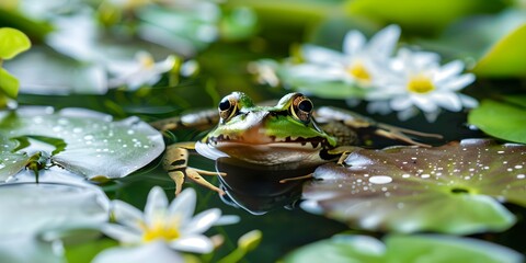 Creative banner with frog in pond surrounded by aquatic plants Copyspace image. Concept Nature, Wildlife, Aquatic Plants, Frog, Banner