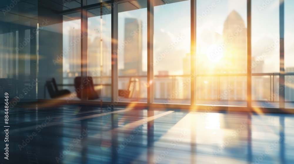 Aufkleber modern business office setting environment blurred background with sunlight reflection on window gla