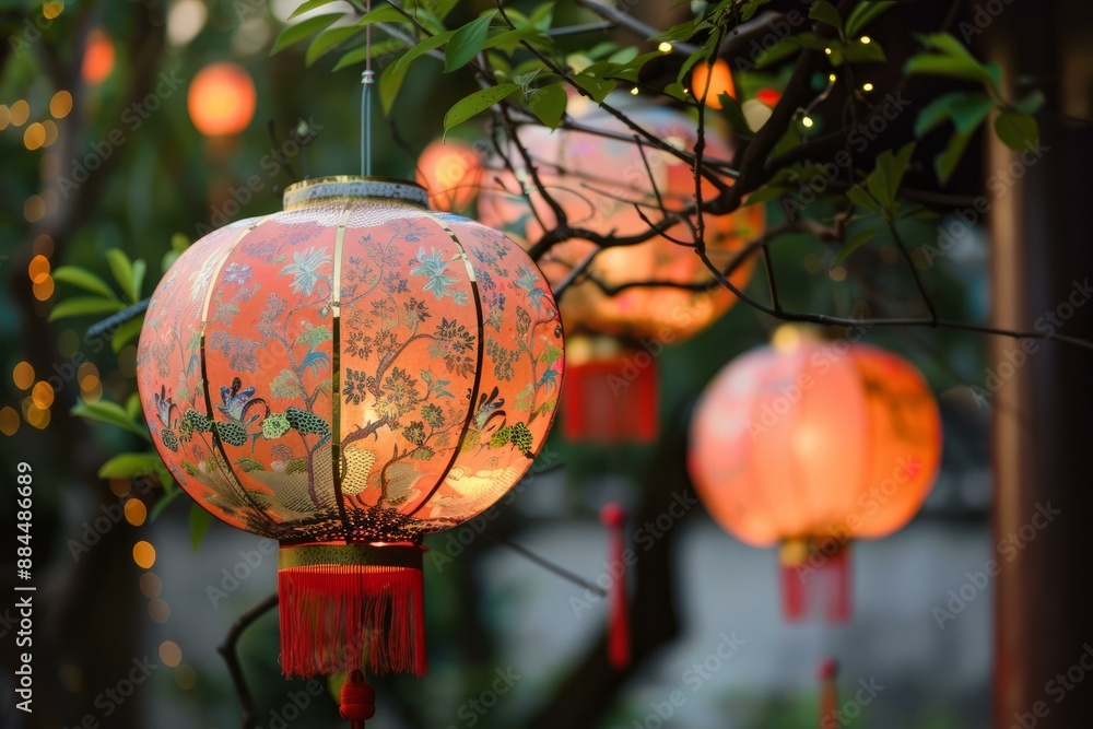 Wall mural Traditional chinese red lanterns hanging gracefully from tree branches, illuminated at dusk