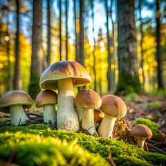 mushroom place. a family of fungi grown on moss. mushrooms in the forest. large view
