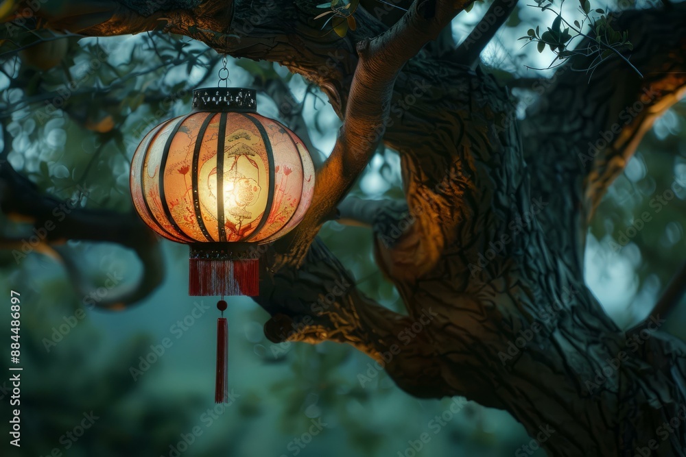 Poster mystical lantern glows warmly on a tree, casting a soft light in the twilight