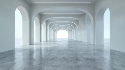 A long, empty hallway with white walls and a blue sky in the background