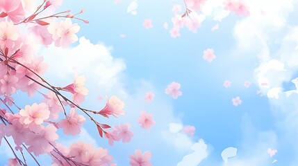 Fototapeta premium Cherry Blossom Flowers Blooming Against a Clear Blue Sky with Scattered Clouds