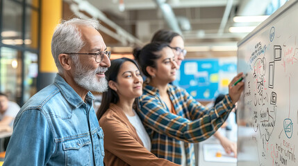 Diverse Team Brainstorming Ideas on Whiteboard in Modern Office