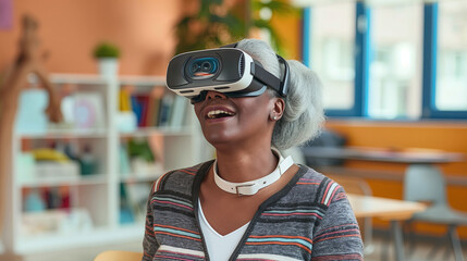 Joyful Senior Woman Experiencing Virtual Reality in Modern Space