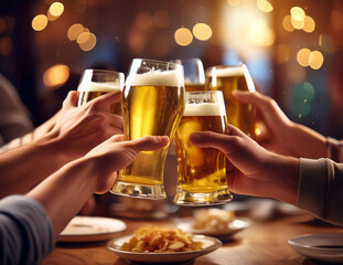 グラスビールを持って乾杯する人々の手