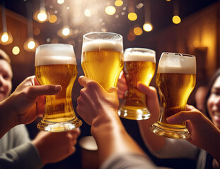 グラスビールを持って乾杯する人々の手