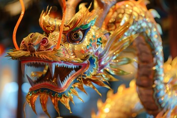 Obraz premium Closeup of a colorful dragon sculpture with intricate details, symbolizing cultural celebration