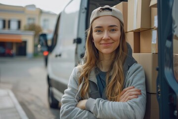 Efficient Delivery Services, Reliable Delivery woman Driver Posing with Packages Next to his Cargo Van