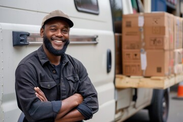 Efficient Delivery Services, Reliable Delivery Driver Posing with Packages Next to his Cargo Van