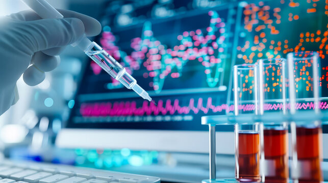 Scientist working with test tubes and a pipette in a modern laboratory, analyzing data on a computerized screen in the background.