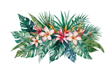 Watercolor tropical foliage and flowers on transparent background