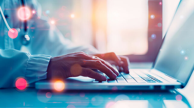 Close-up of a professional typing on a laptop in a modern, technologically advanced workspace with ambient light effects. Healthcare, work concept.