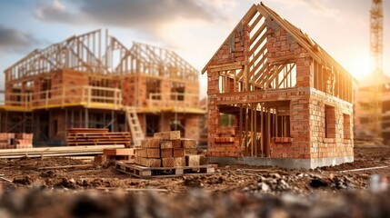 Obraz premium Construction site with buildings under construction, showcasing wooden frameworks and brickwork during sunset.