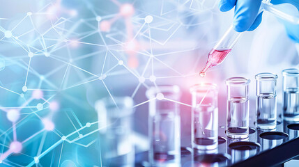 Scientist using a pipette to transfer liquid into test tubes in a laboratory with a digital network overlay, showcasing research and innovation.