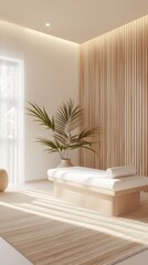 A white room with a tan rug and a white couch