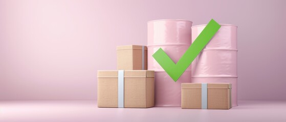 Obraz premium A green check mark is on top of a stack of boxes and two pink barrels