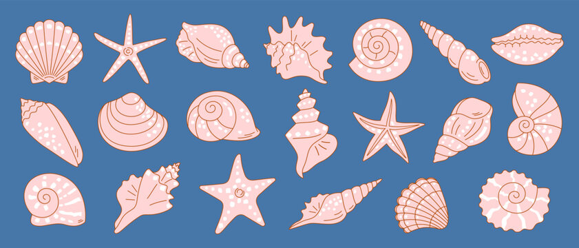 Set of  sea shells and starfish of various shapes, hand drawn. Vector isolated simple icons symbols in solid pink color with outline in flat style. Marine design elements.