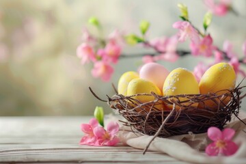 Festive Easter, Easter eggs decorated yellow colors and pastel pink in basket on wooden table, and spring flowers