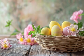 Festive Easter, Easter eggs decorated yellow colors and pastel pink in basket on wooden table, and spring flowers