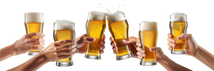 グラスビールを持って乾杯する大勢の人々の手