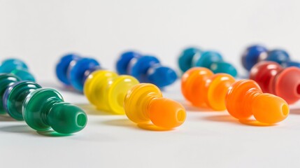 A collection of solid colored swimming earplugs displayed on a white background