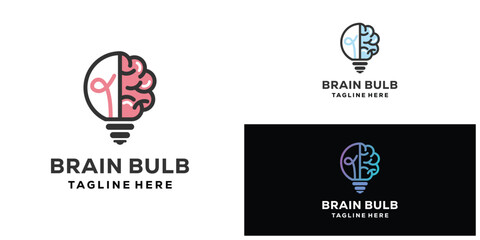 Brain bulb with line art style logo icon design template flat vector