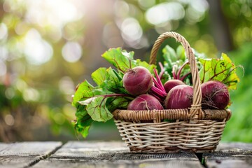 Fresh beet in a basket on a wooden table in the garden. Bountiful harvest, a heap of beet in a wicker basket