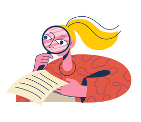 Fototapeta premium Young girl looking through magnifying glass at document. Woman searching information
