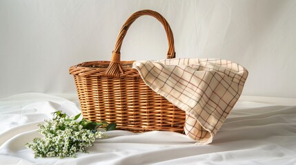 A solid colored picnic basket placed on a simple white tablecloth