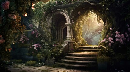 Fototapeta premium A lush, overgrown garden scene with an aged stone archway and winding staircase. The structure is partly covered with vibrant greenery and blooming flowers in hues of pink and purple. Sunlight filters