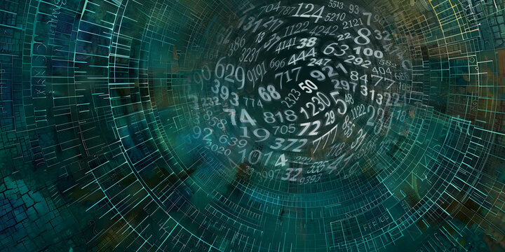 Blue Green Mauve Spiralling Numerology template background - random numbers being pulled into a  central vortex on a green blue circular graphic background ideal for a numerology theme

