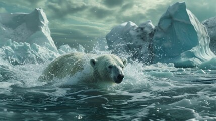 Polar bear swimming through icy Arctic waters