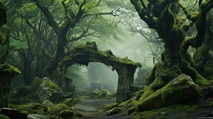 A mystical and serene forest scene featuring dense, lush green foliage and thick moss covering ancient stone structures and the forest floor. The image captures an ancient stone archway, surrounded by