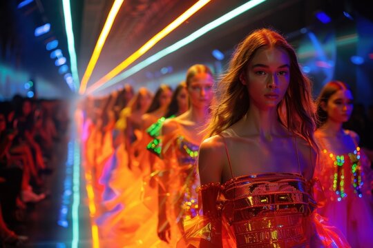 A Runway Spectacle of Supermodels Under Neon Lights