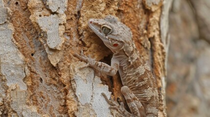 Obraz premium Common flat-tail gecko clinging to the side of a tree