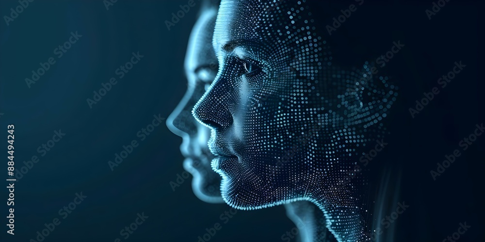 Poster interlocking digital faces with futuristic patterns symbolize connection between technology and iden