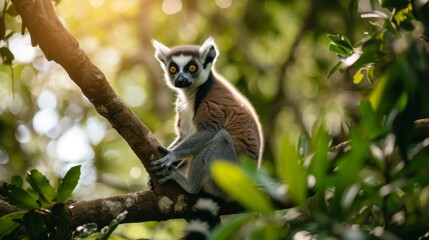 Fototapeta premium Lemur sitting atop a tree branch in a forest