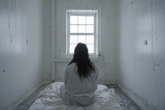 insane patient person on bed looking on wall in straitjacket in abandoned mental psychiatric hospital with white walls