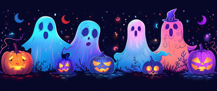many simple cute cartoon ghosts in pink and blue glowing neon colors on a black background in the style of pastel goth