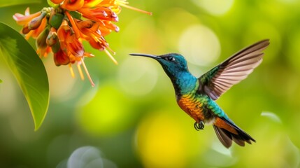Fototapeta premium Fire-throated hummingbird hovering near a flower in the tropical forest